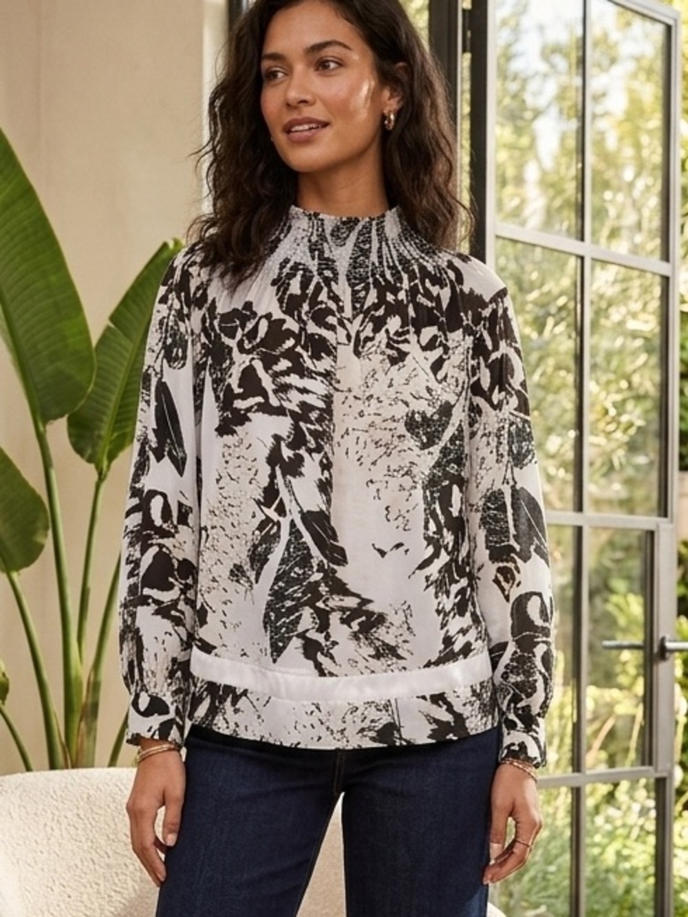 Reiss Black and White Smocked-Neck Abstract Print Blouse